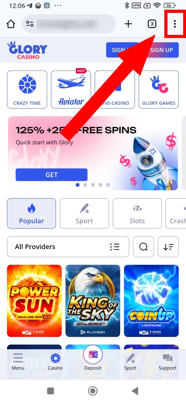 Open browser options for Glory Casino configuration.