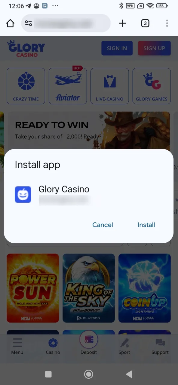 Glory Casino setup complete and accessible.
