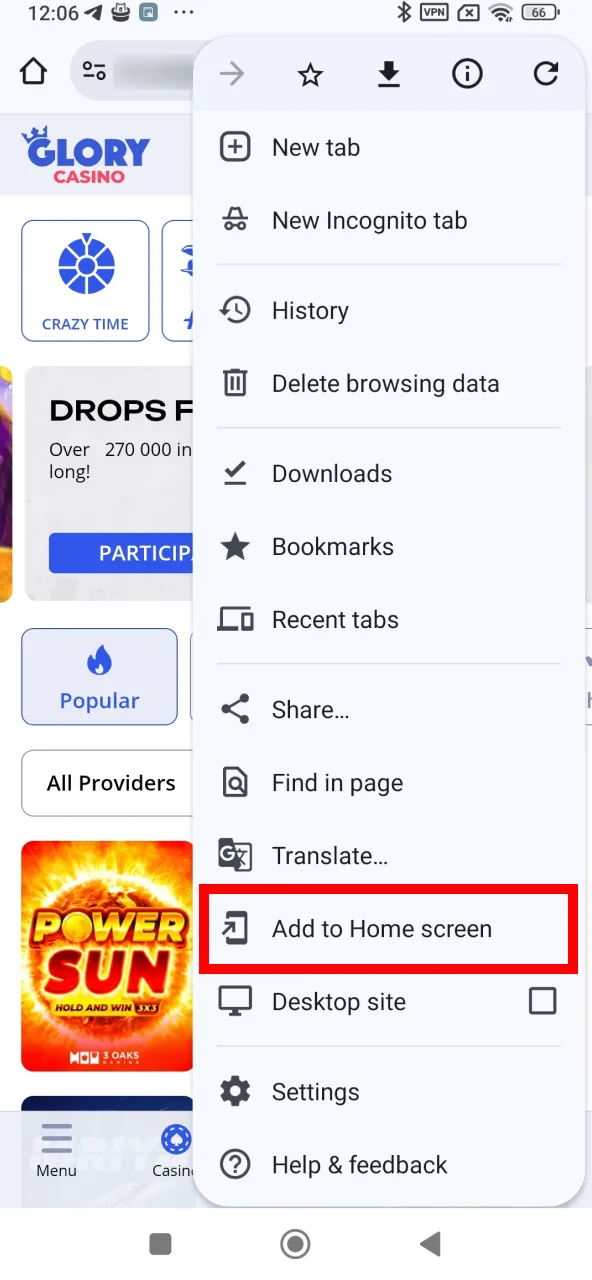 Glory Casino app added to home screen via install prompt.