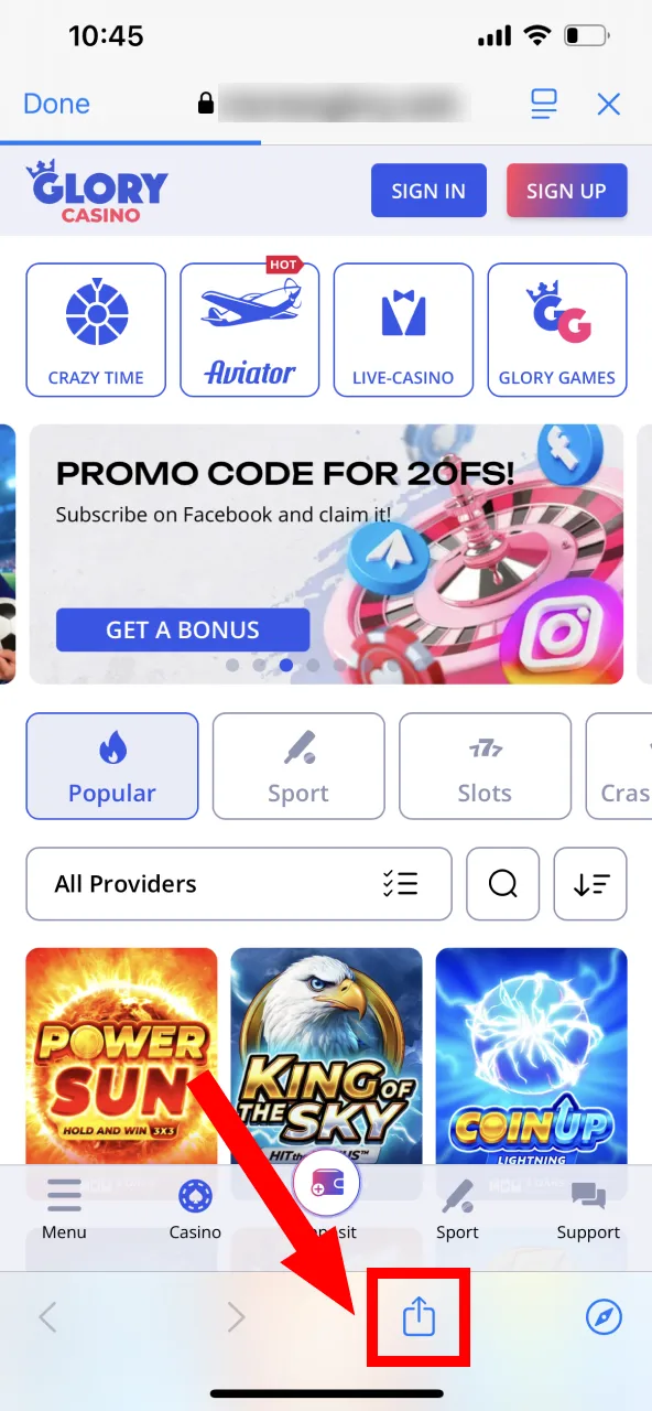 Click central button to access Glory Casino setup window.