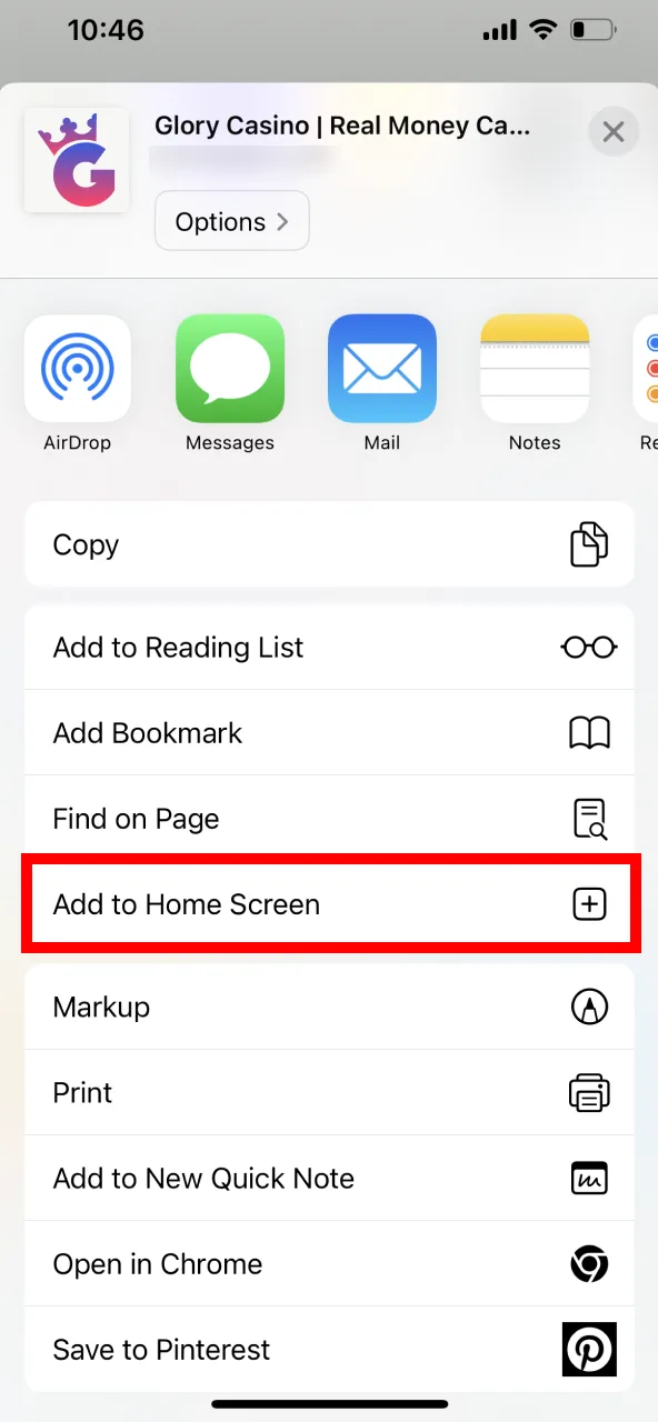 Glory Casino install button labeled Add to home screen.