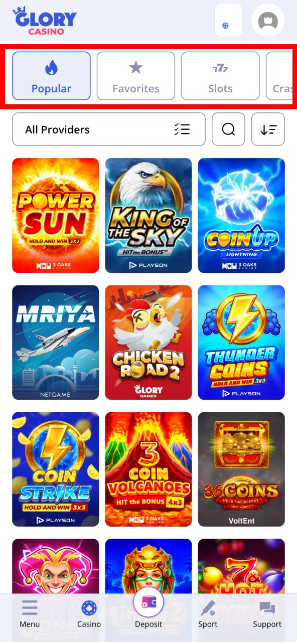 Explore Glory Casino categories from slots to live play.