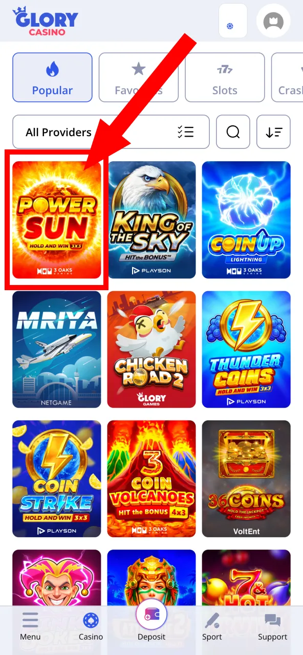 Choose your favorite game at Glory Casino with limit preview.
