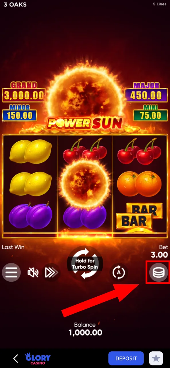Use fast bet settings in Glory Casino game interface.