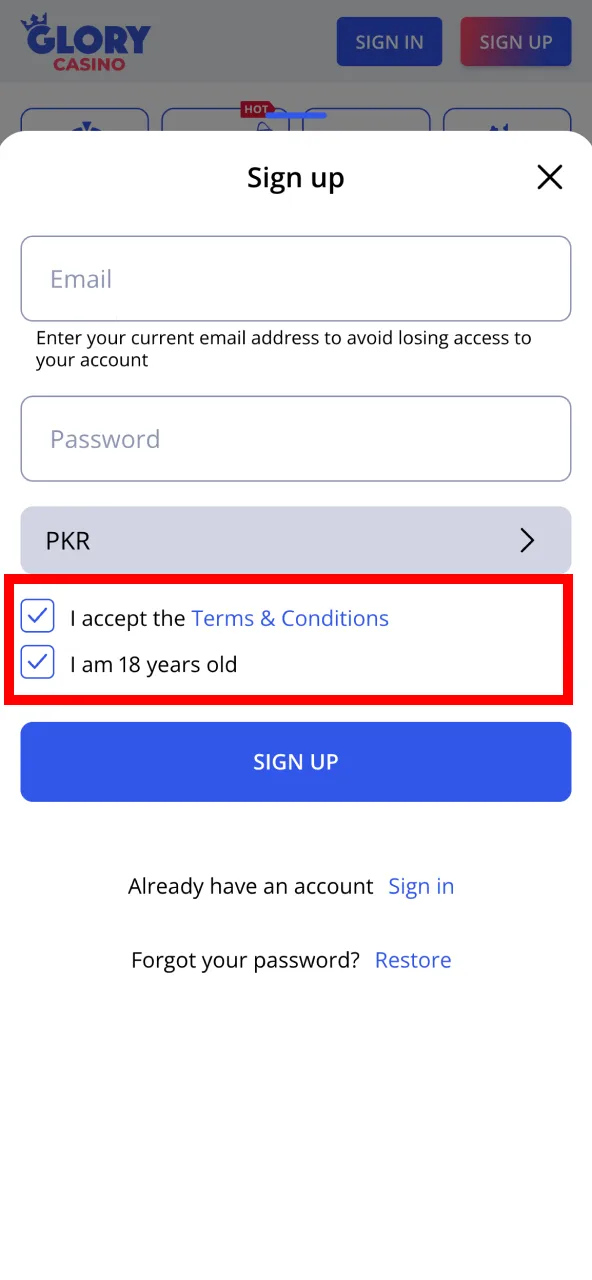 Confirm rules and age eligibility on Glory Casino signup.