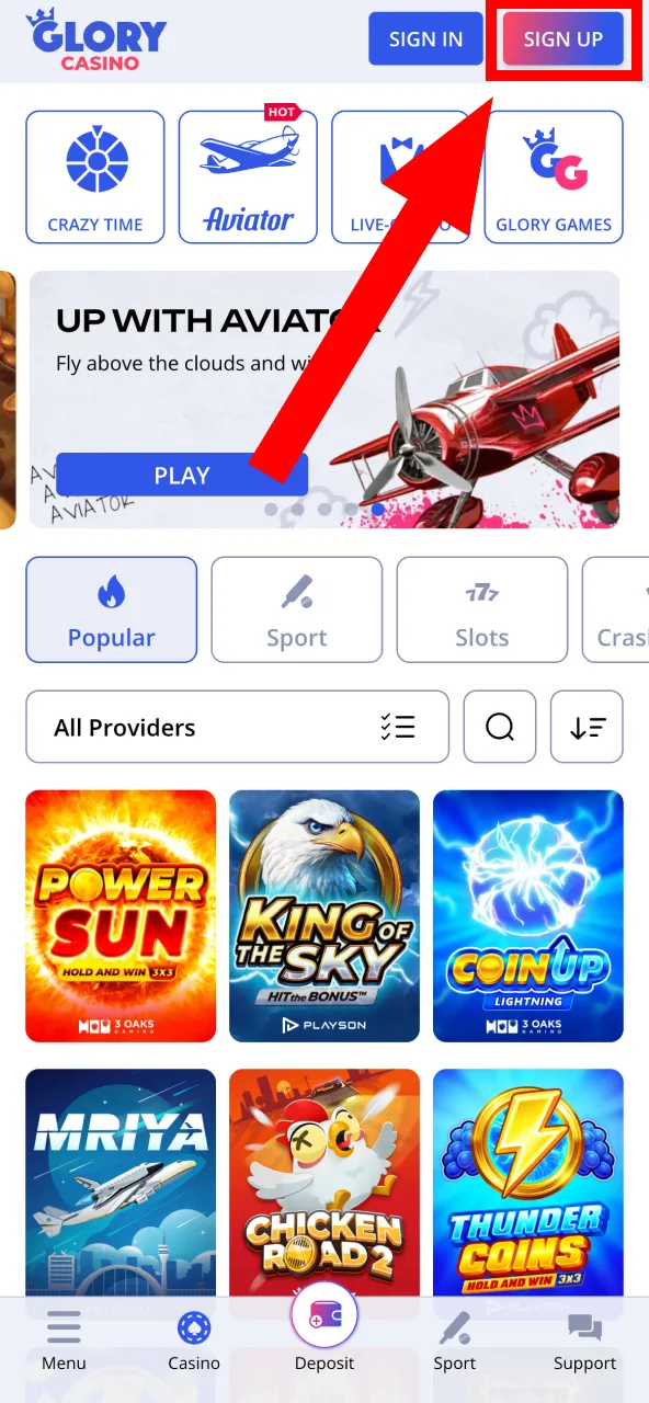 Upper menu shows Glory Casino account creation option.