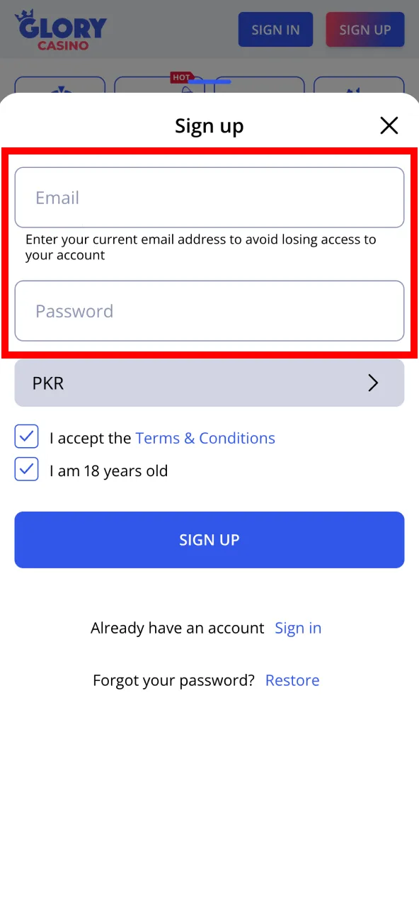 Enter personal data and set currency on Glory Casino.