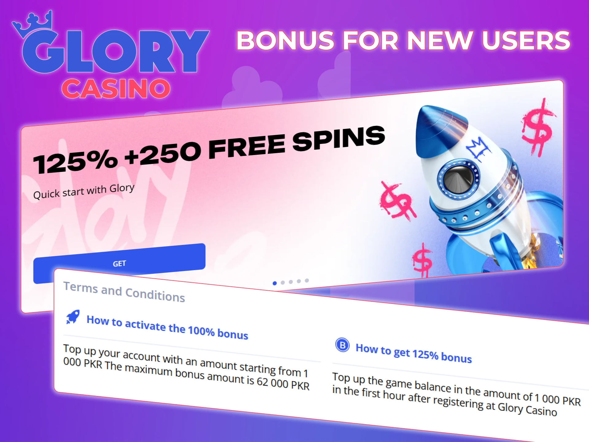 Create a Glory Casino account and receive bonuses for newly registered players.