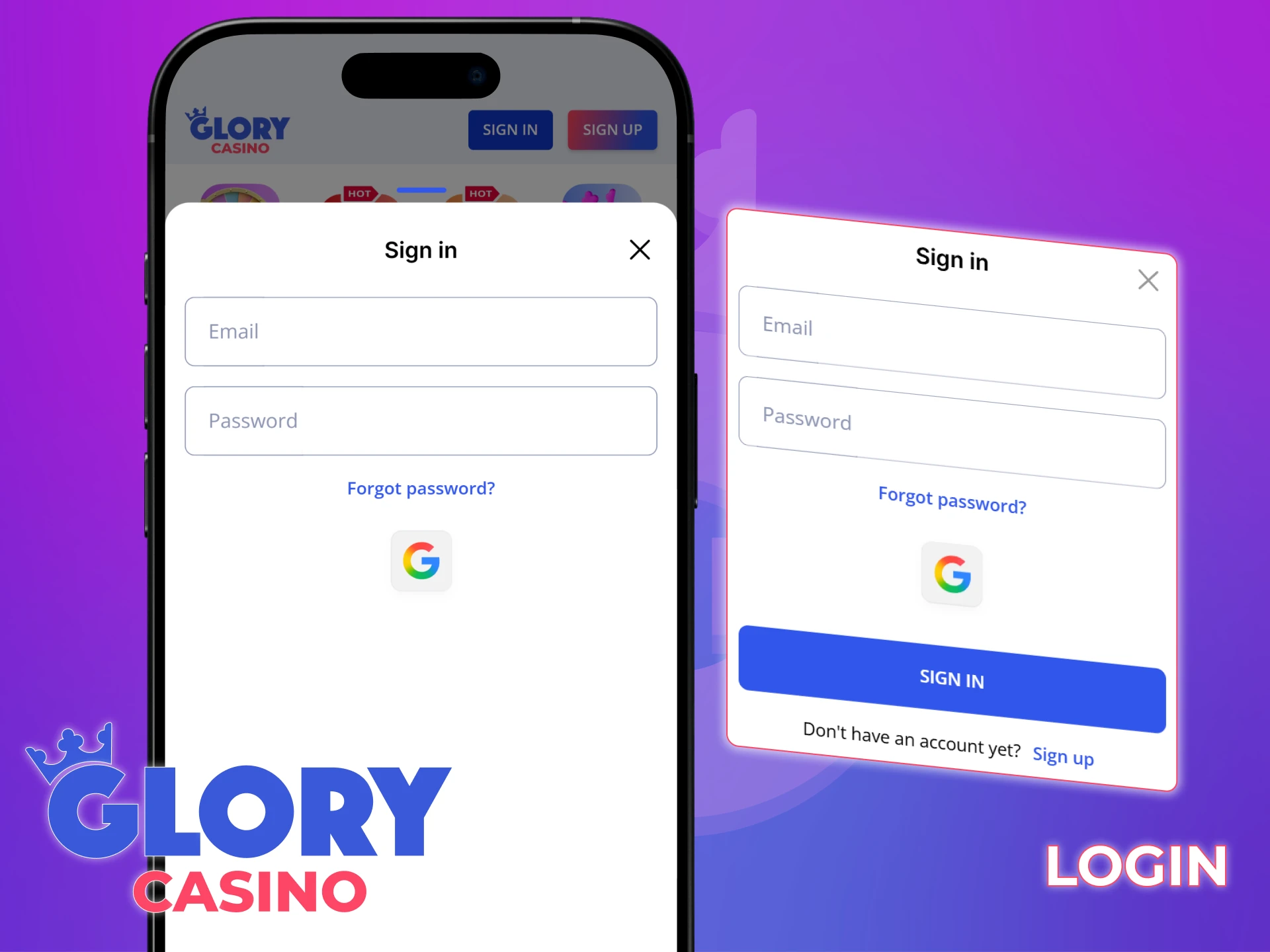 Log in to your Glory Casino account on the mobile version.