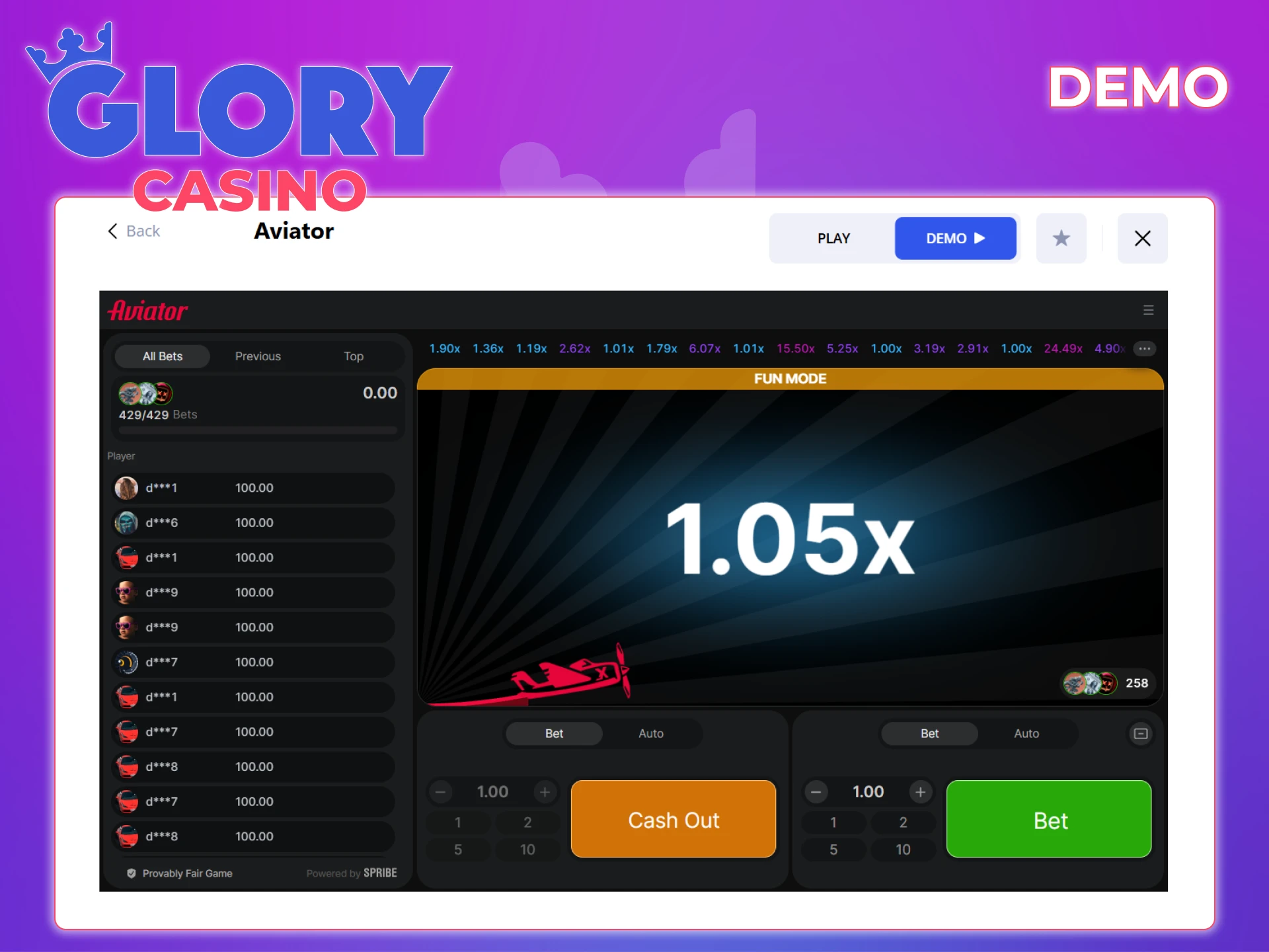 Try the Aviator demo version available at Glory Casino.