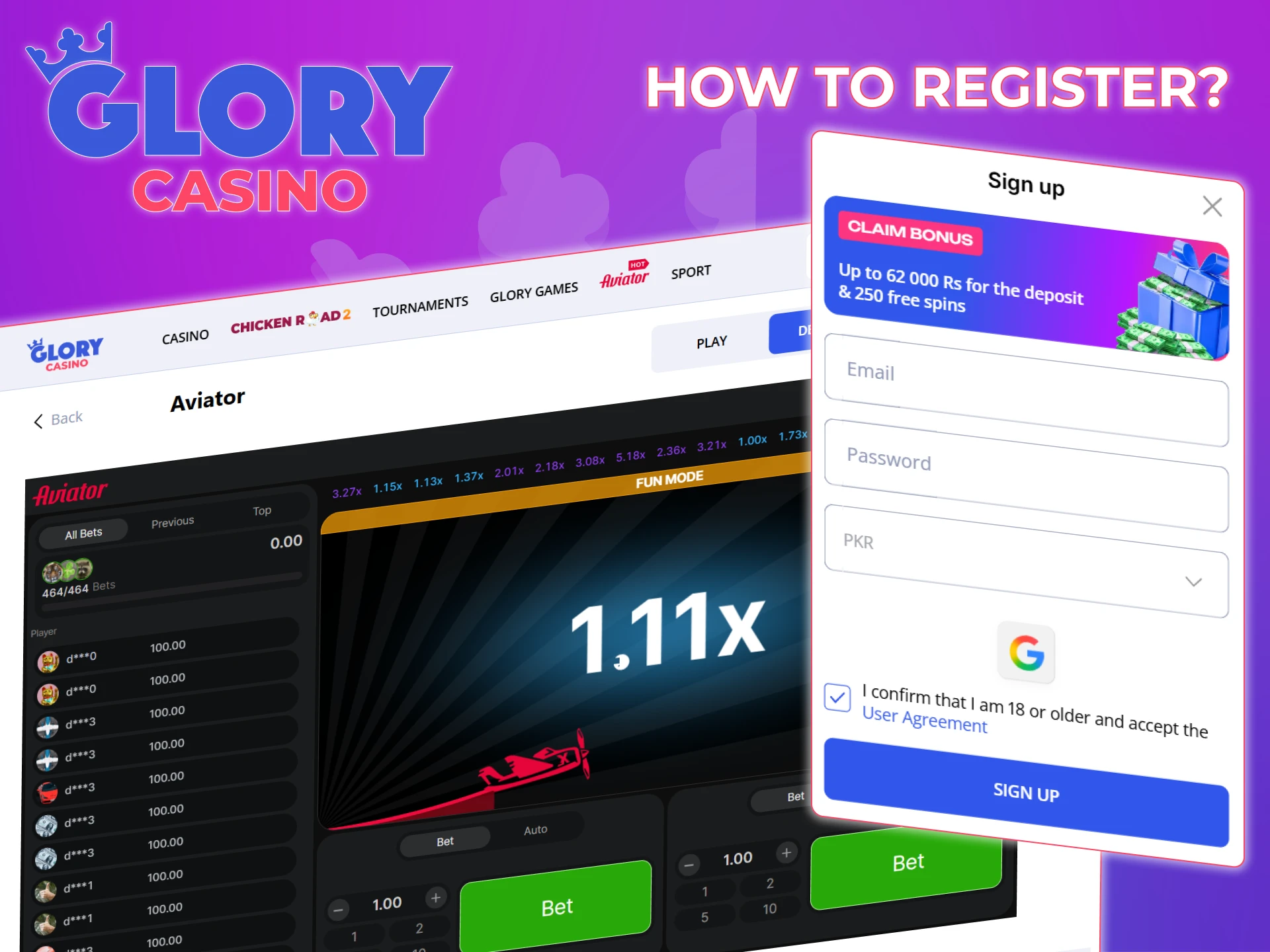 Enter your email address and password to create a Glory Casino account and play Aviator.