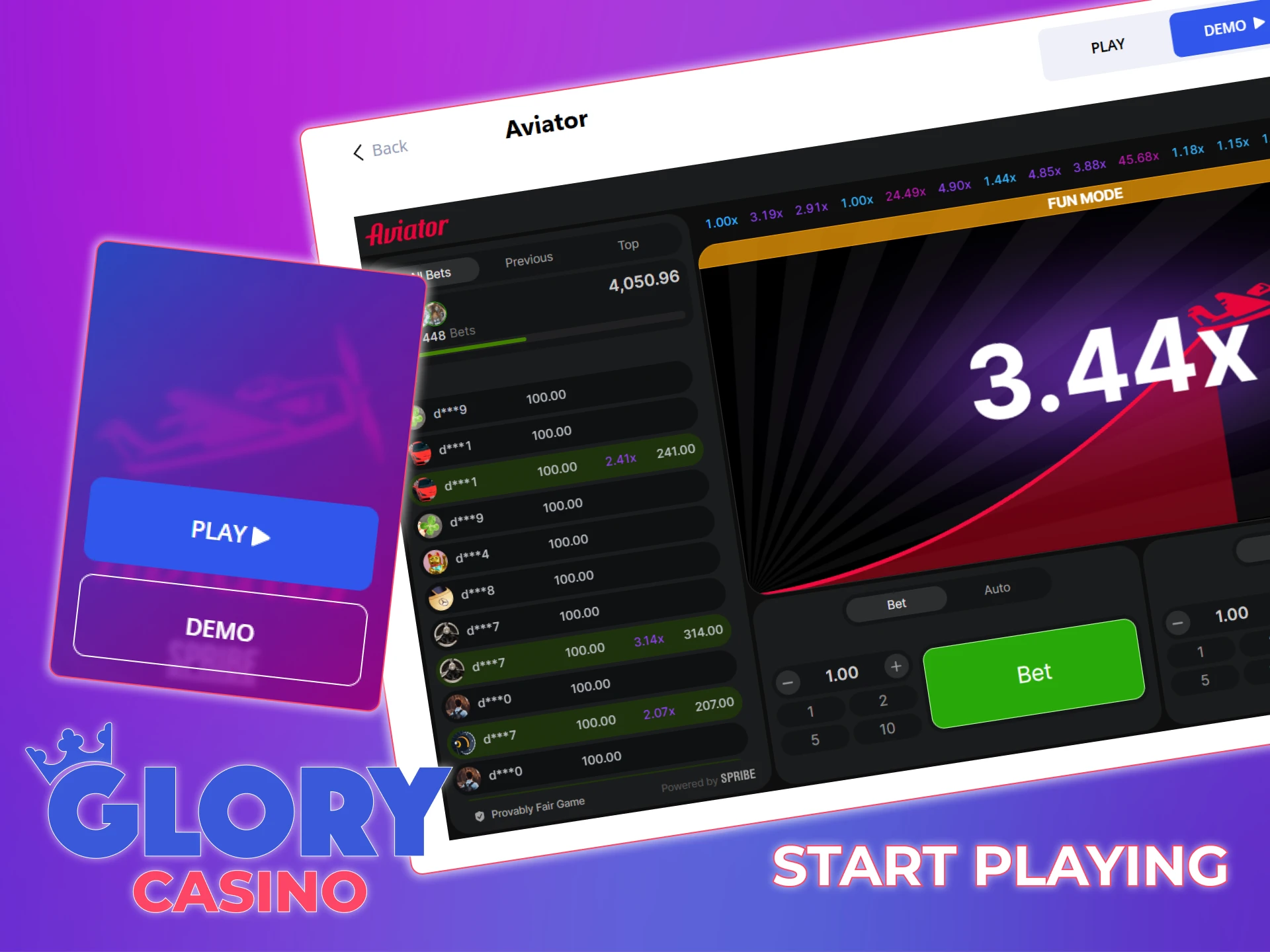 Find the Aviator game on the Glory Casino website.