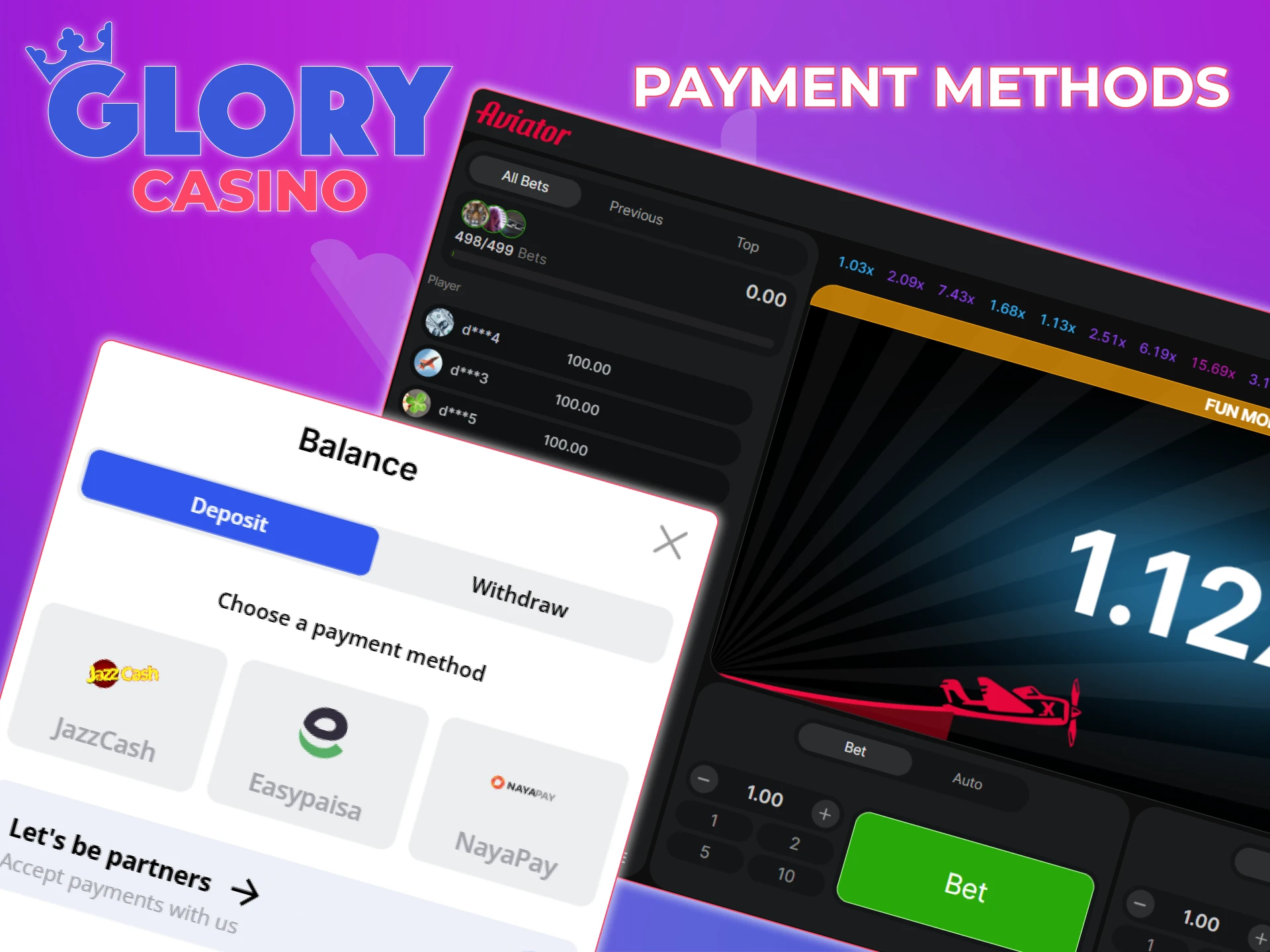 Choose one of the payment methods available at Glory Casino to make a deposit and play Aviator.