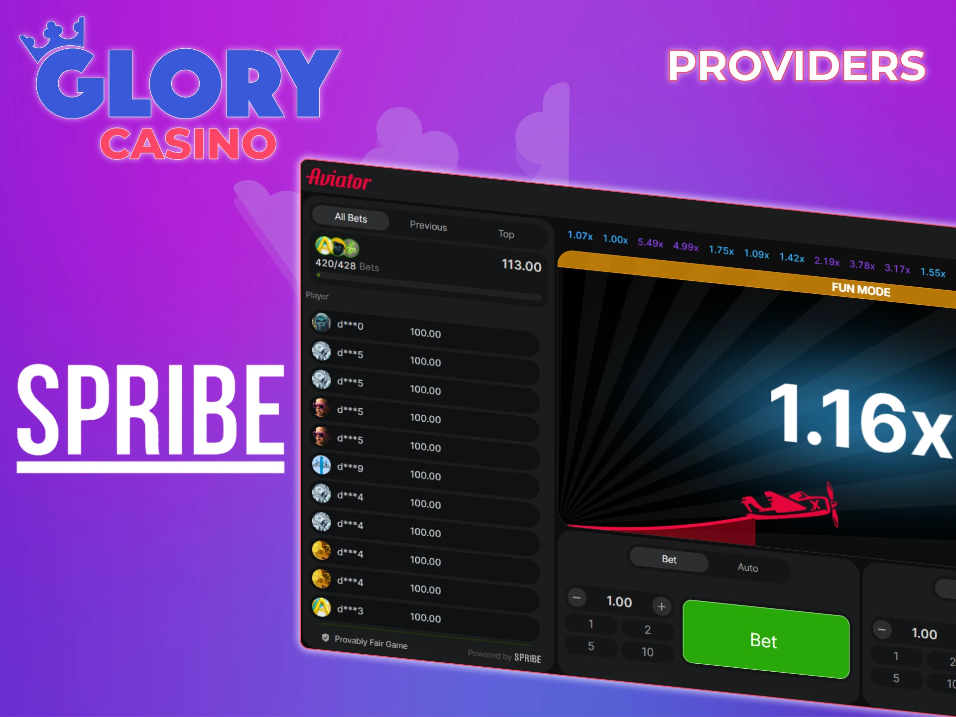 Spribe is the developer of the Aviator game, which you can play at Glory Casino.