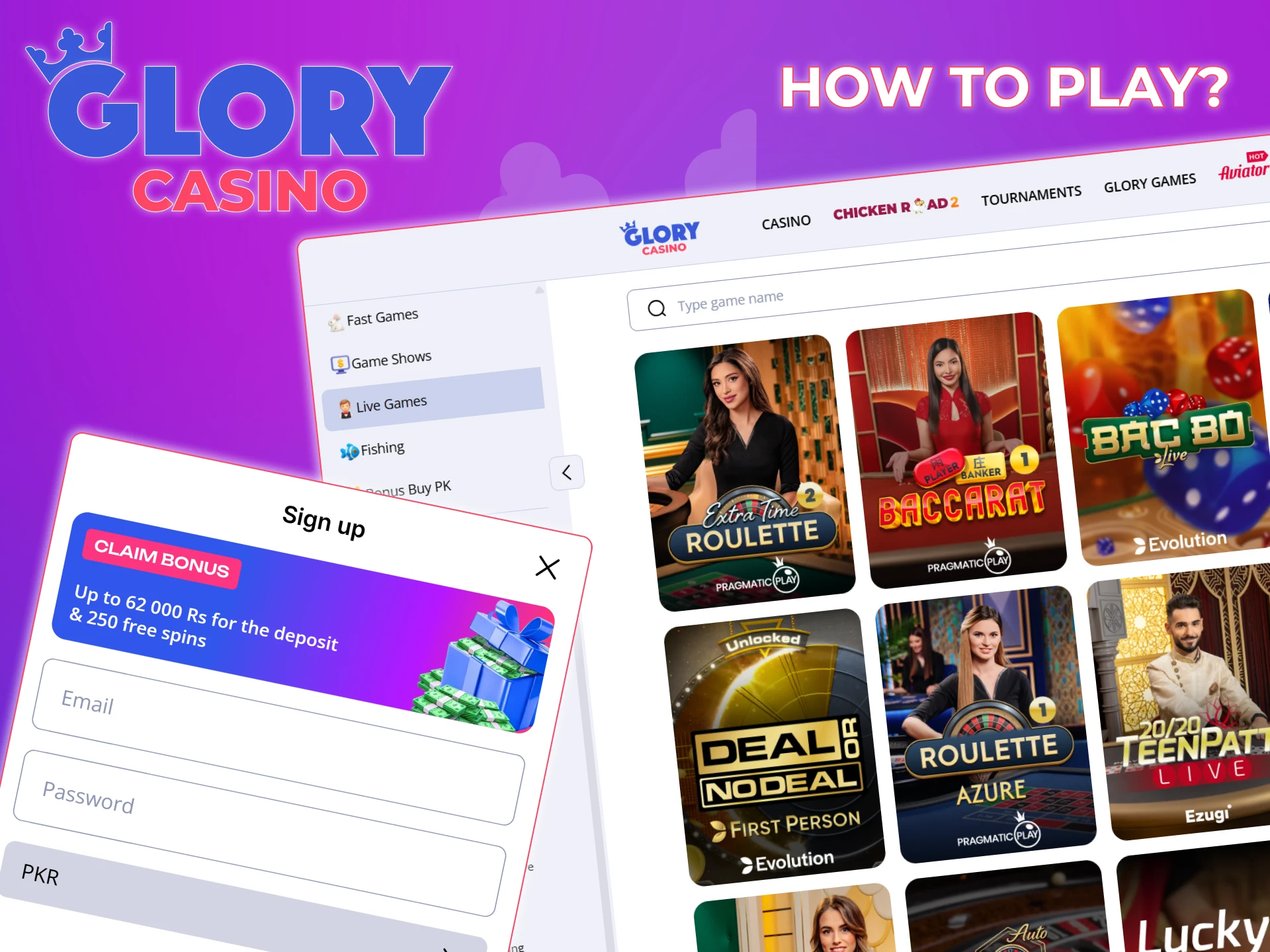 Register on the Glory Casino website and start playing at the live casino.