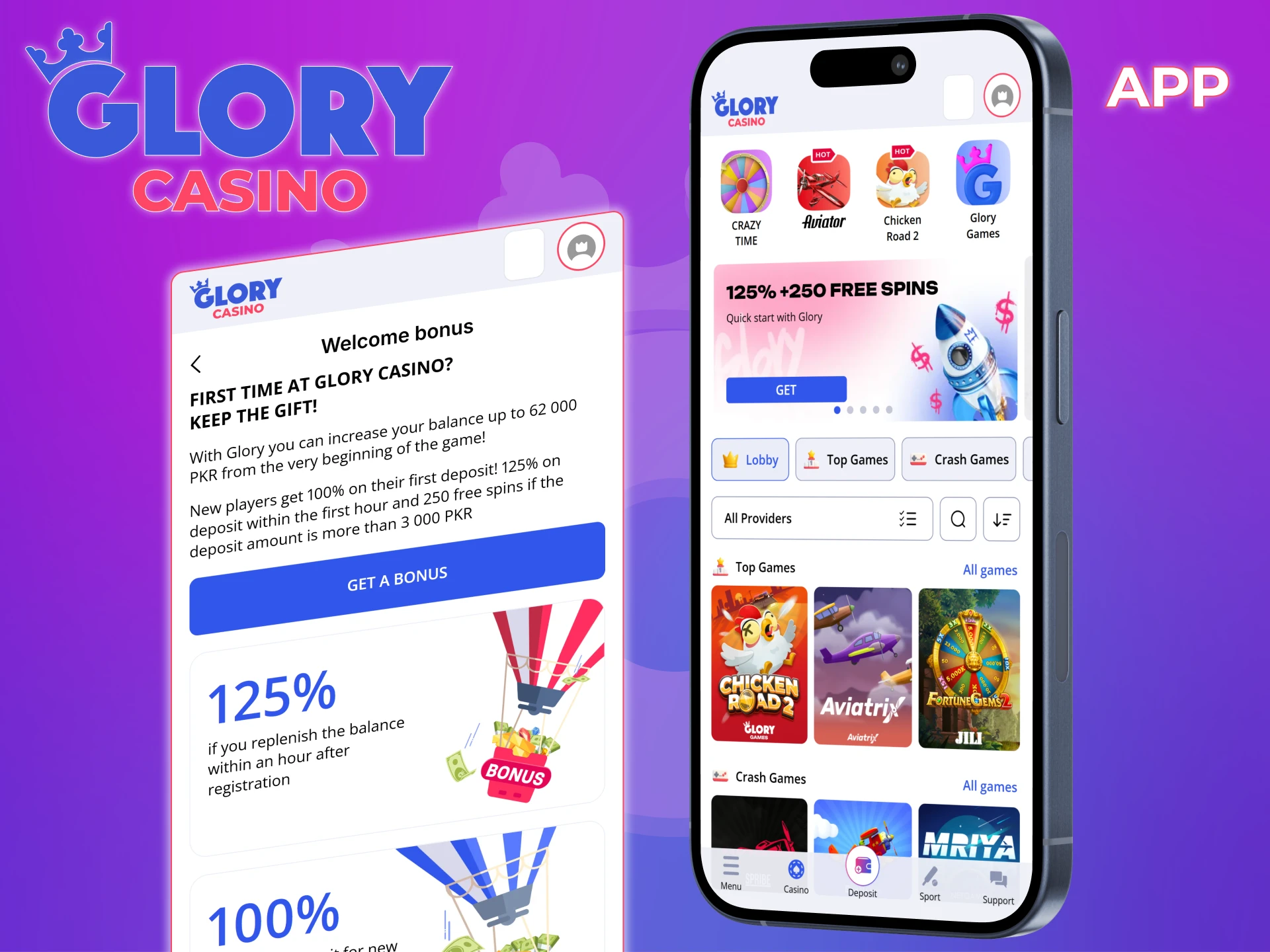 Use the mobile version of the Glory Casino website.