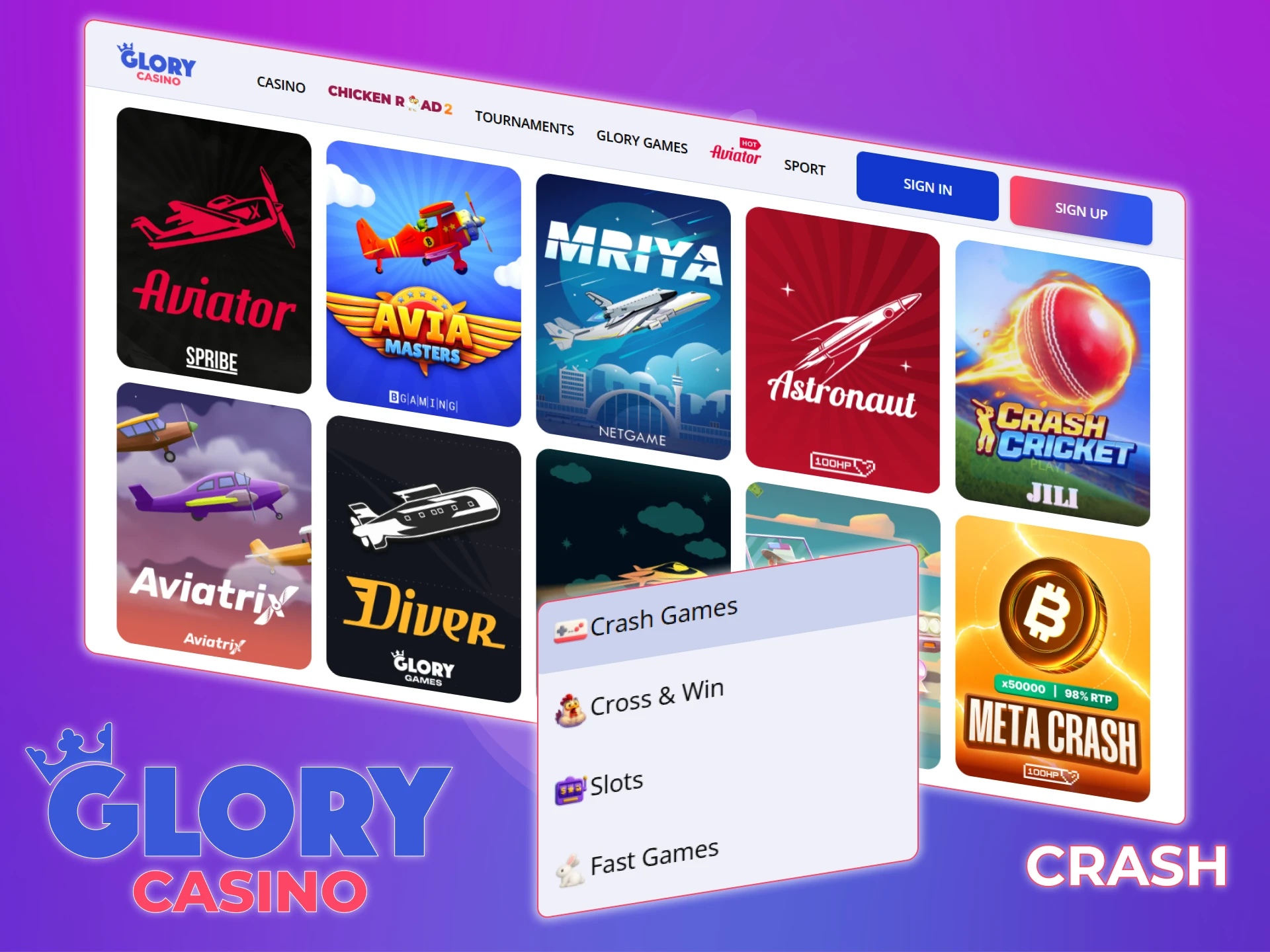 Win instantly in crash games at Glory Casino.