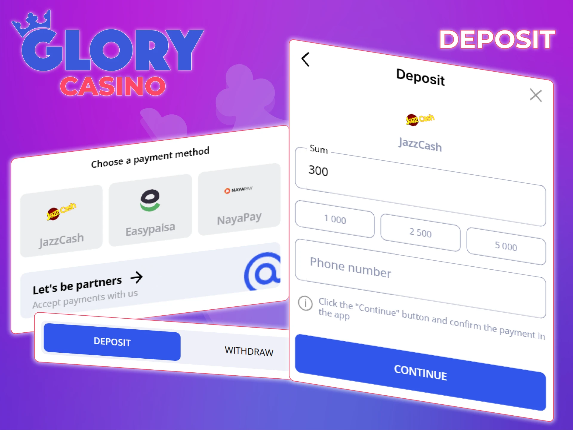 Check out the deposit methods available at Glory Casino.