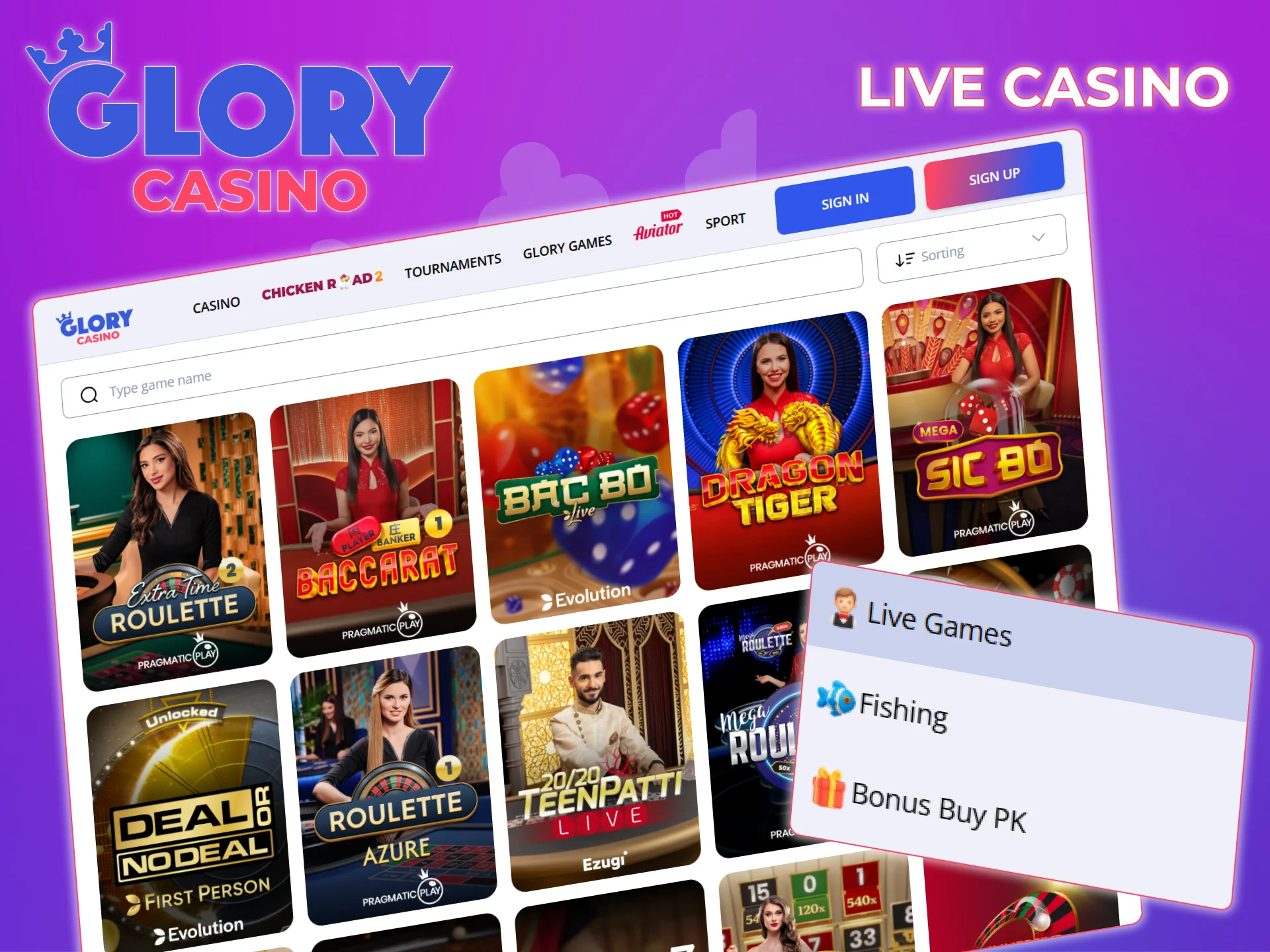 Play with live dealers in the Glory Casino live section.