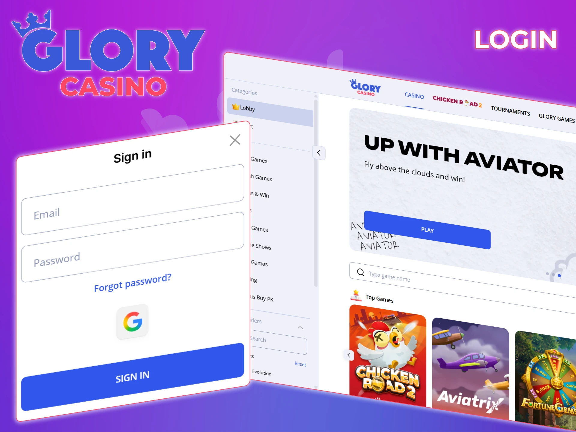 Sign in to your Glory Casino account in just a few clicks.