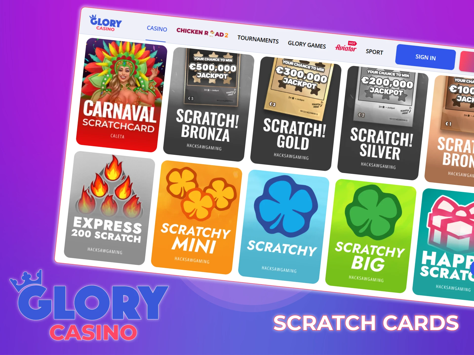 Select the scratch card game you want to play at Glory Casino.
