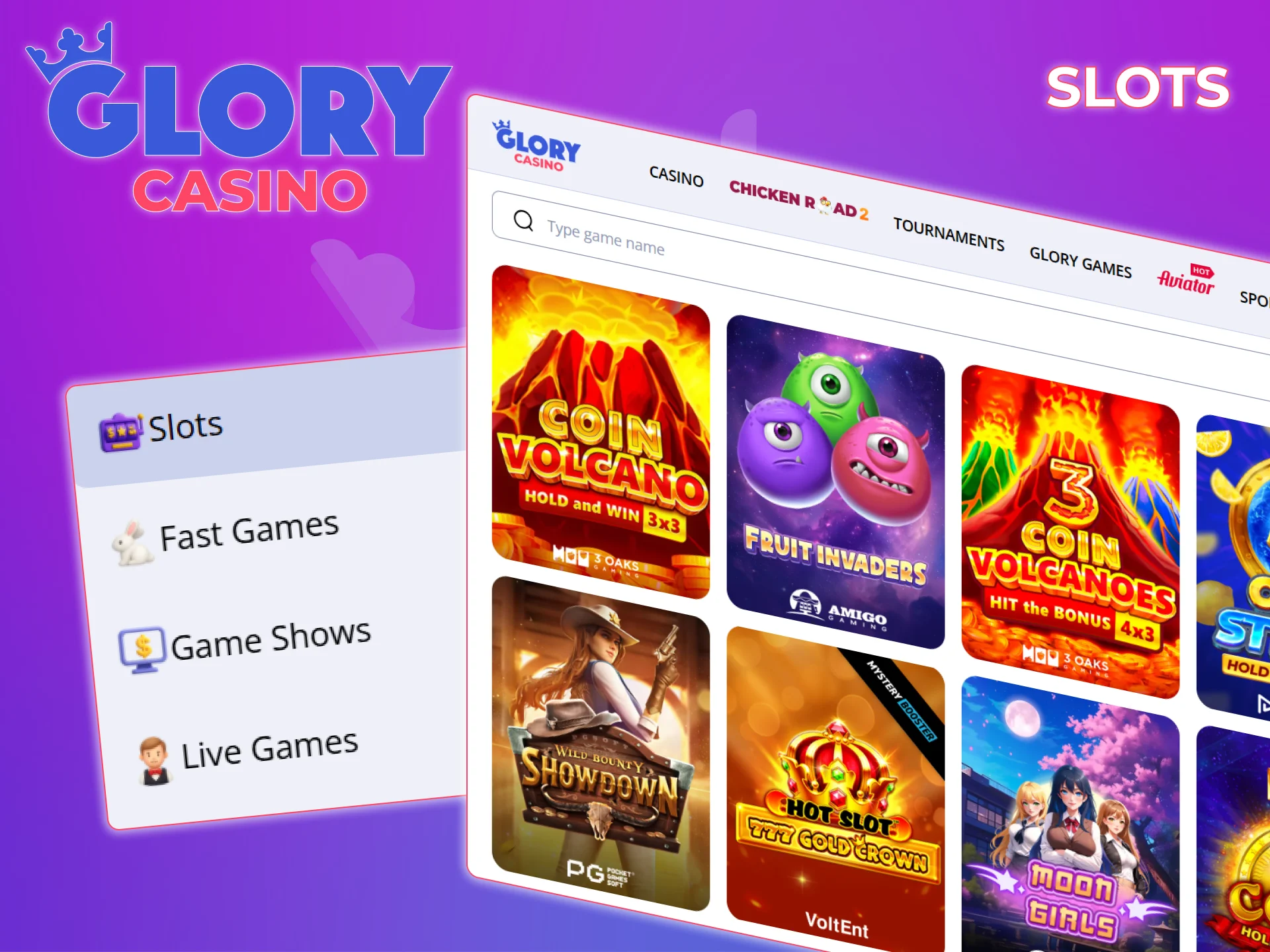 Enjoy a wide selection of slot games at Glory Casino.