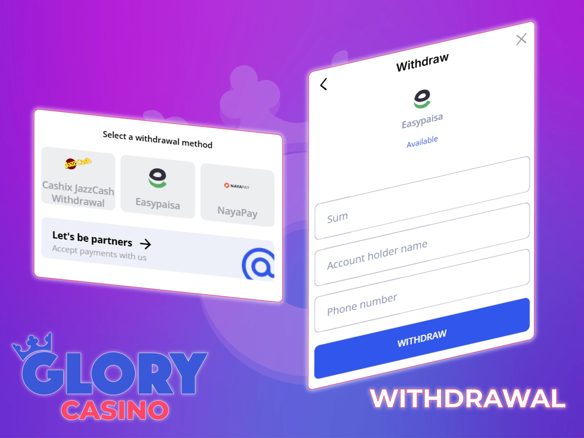 Withdraw your winnings from the Glory Casino website.