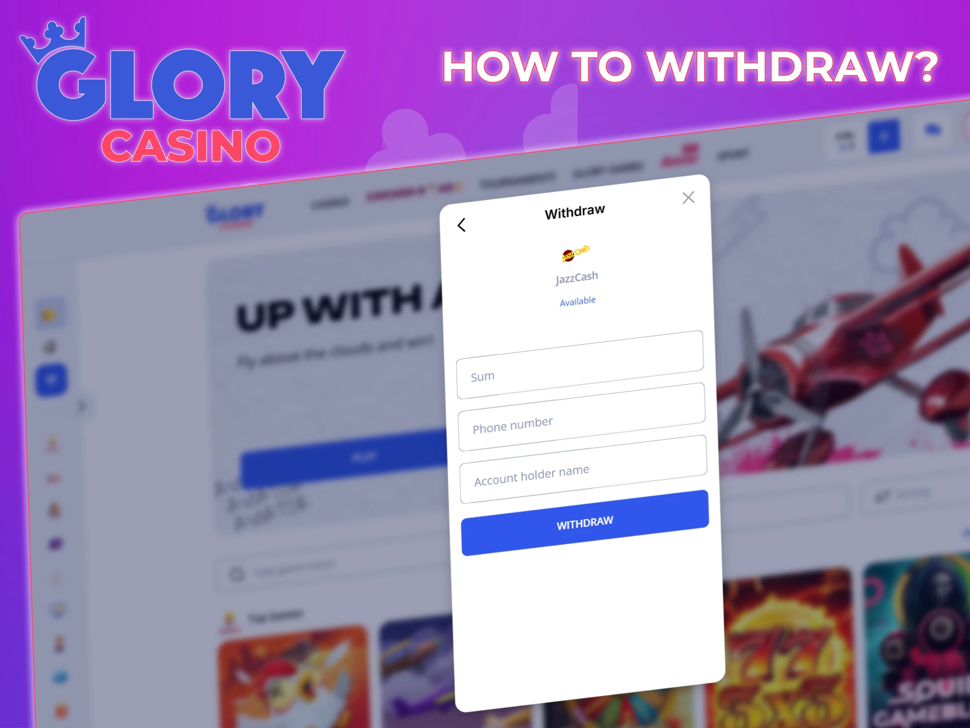 Enter the withdrawal amount and complete the transaction at Glory Casino.