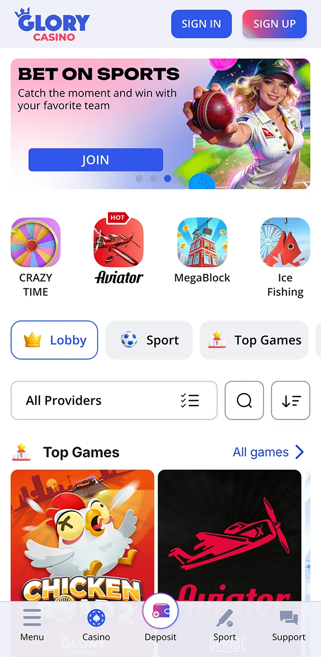 The home page in the Glory Casino app.