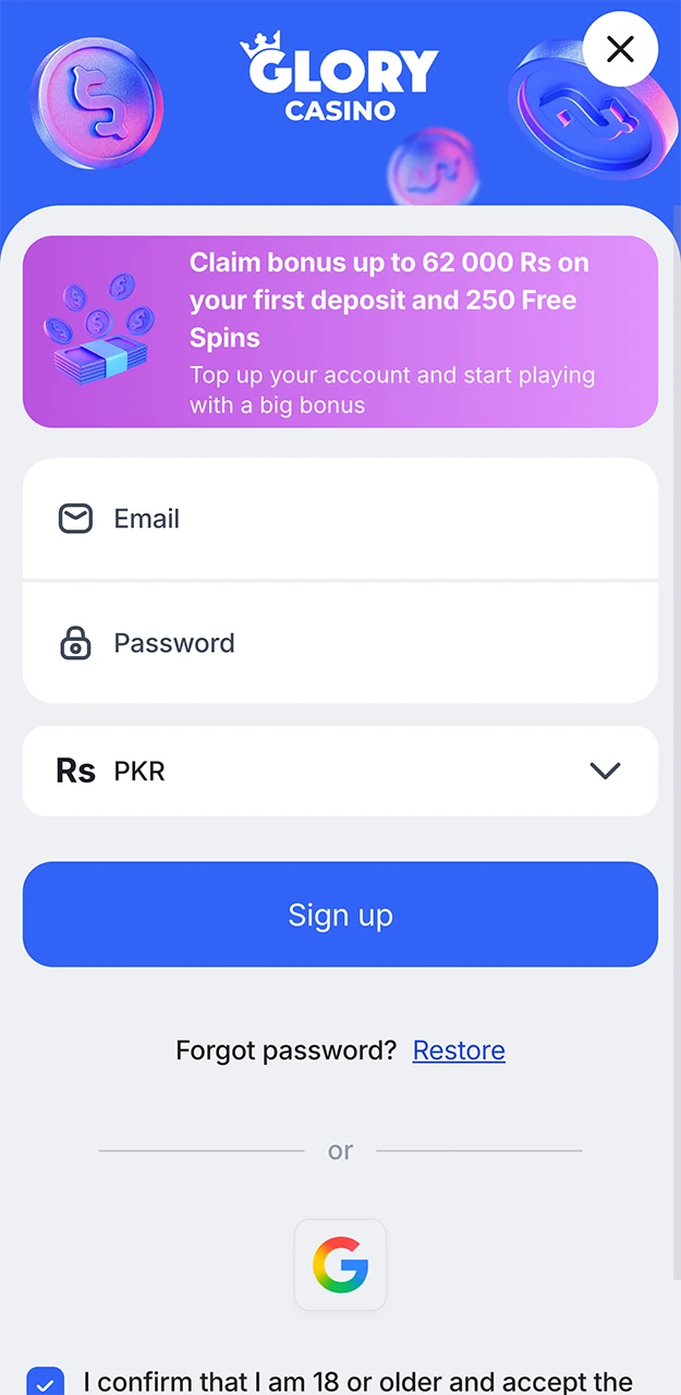 Registration form in the Glory Casino app.