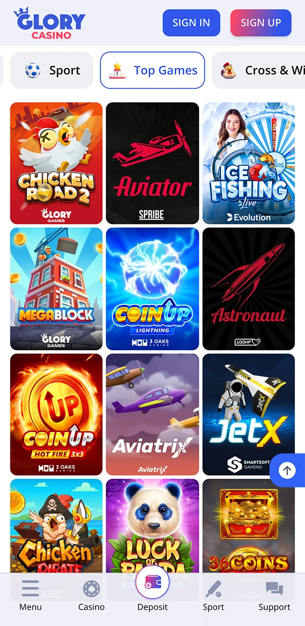 Popular slots from Glory Casino.