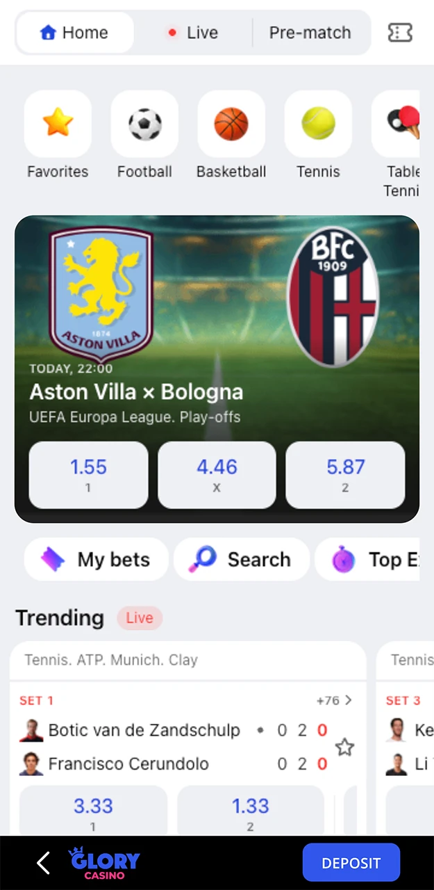 Sports betting via the Glory Casino app.