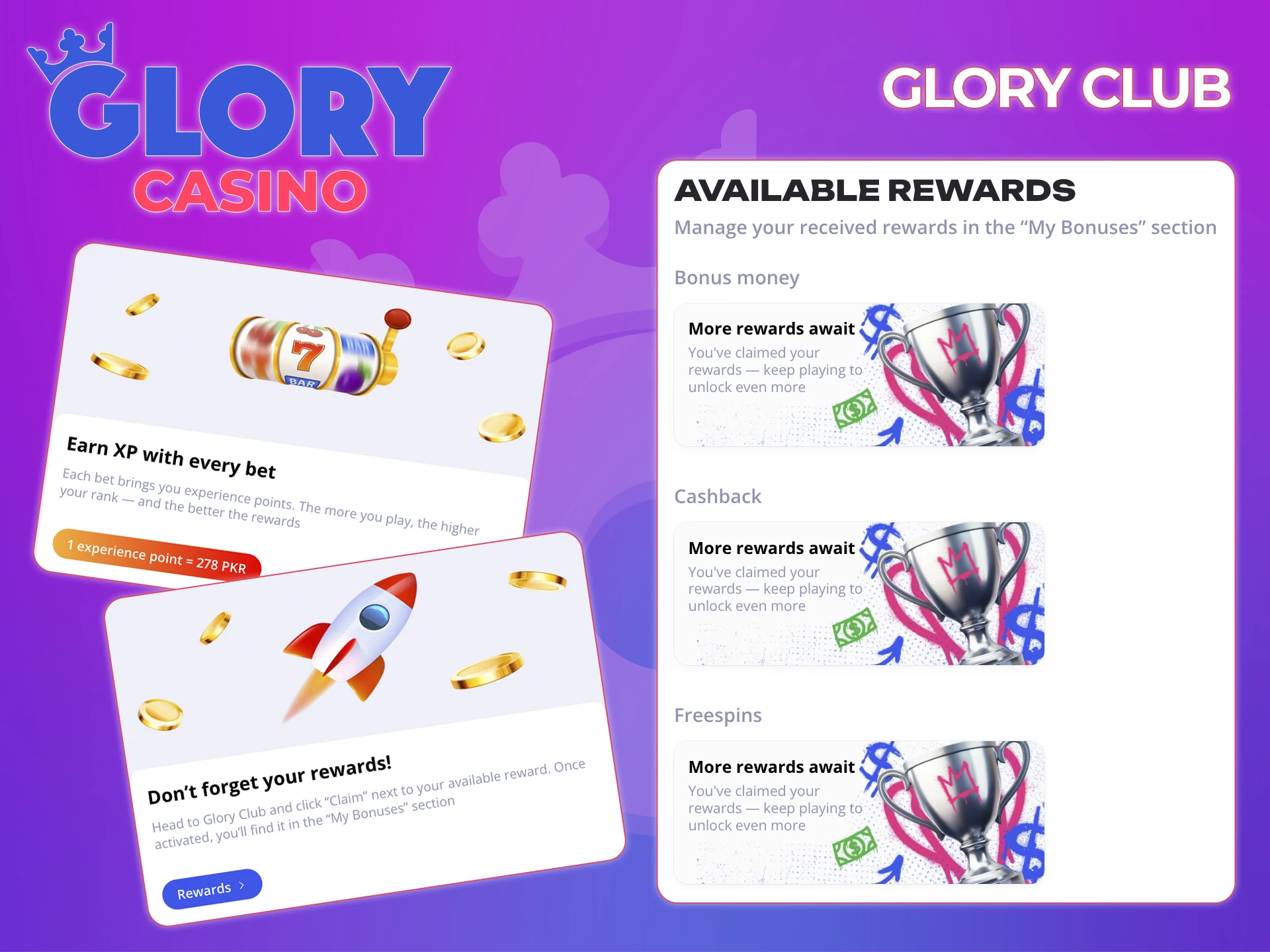 Join the Glory Casino club and receive extra bonuses.