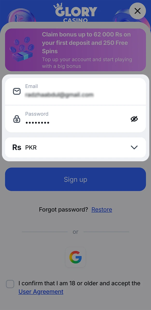 Please enter the accurate details required to register an account on the Glory Casino website.