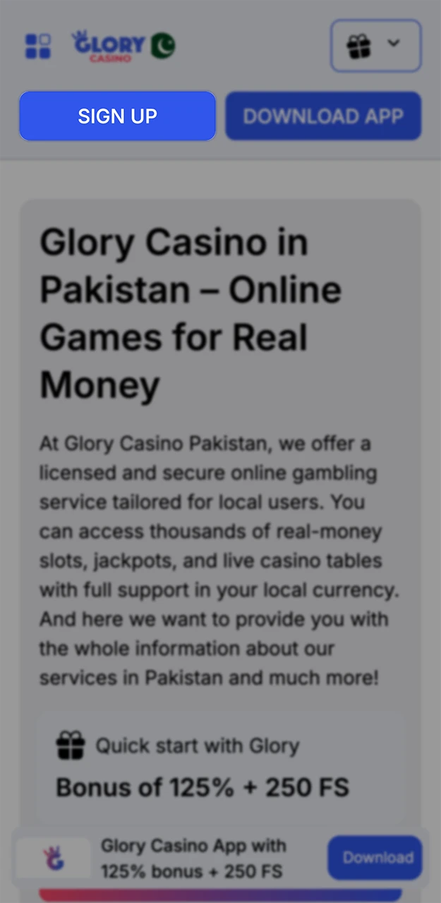 Click the blue button to register quickly on the Glory Casino website.