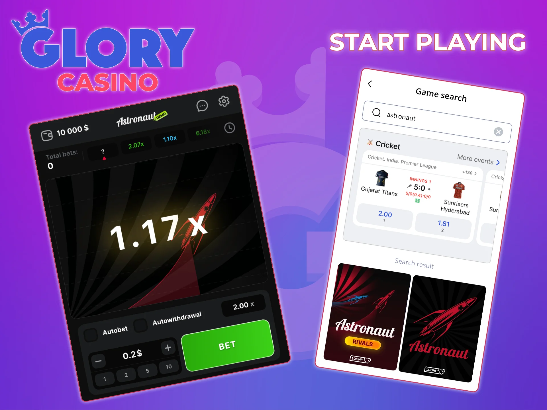 Sign up in just a few simple steps and start playing Astronaut at Glory Casino.