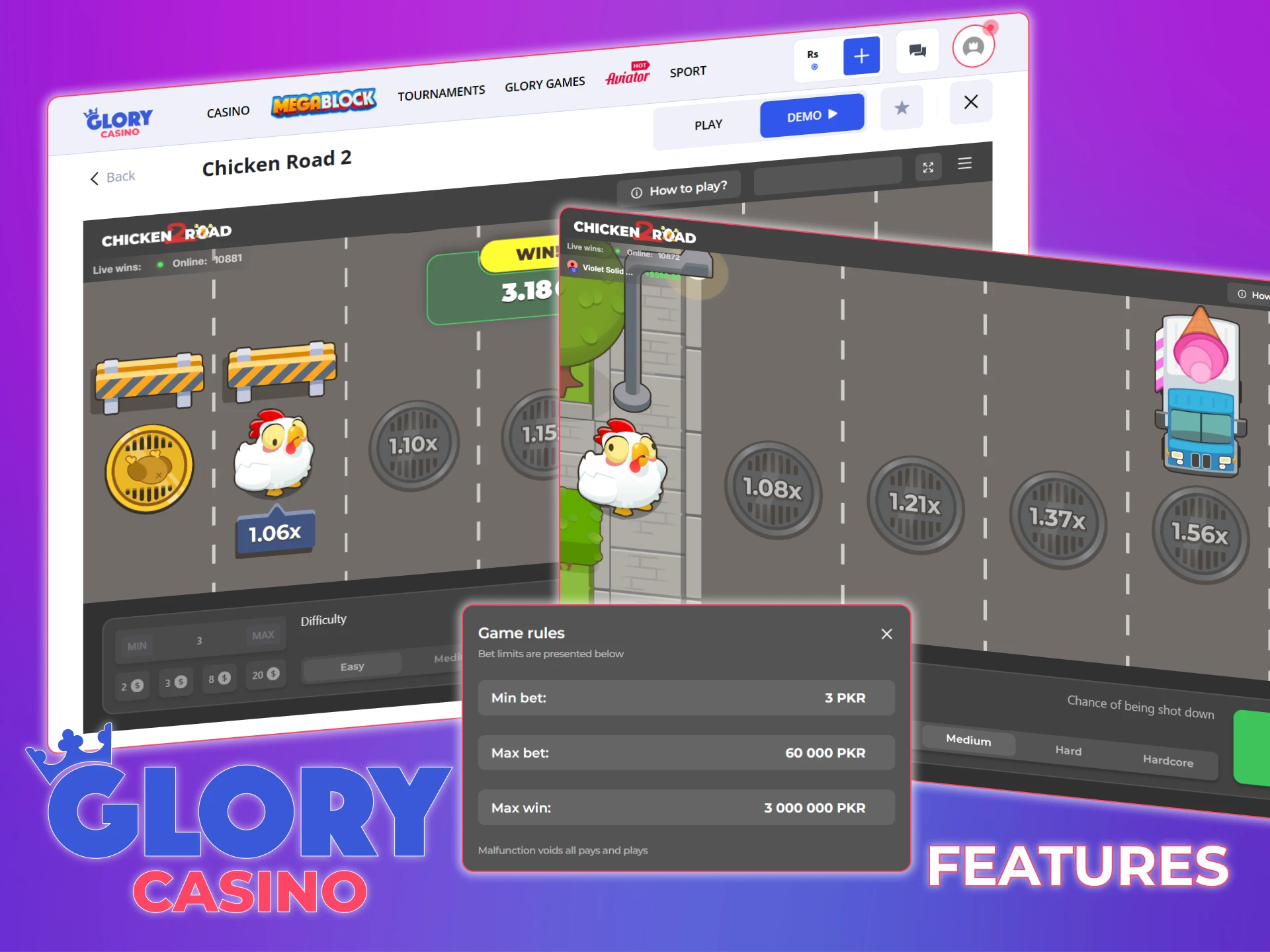 Check out the features of the Chicken Road 2 game at Glory Casino.