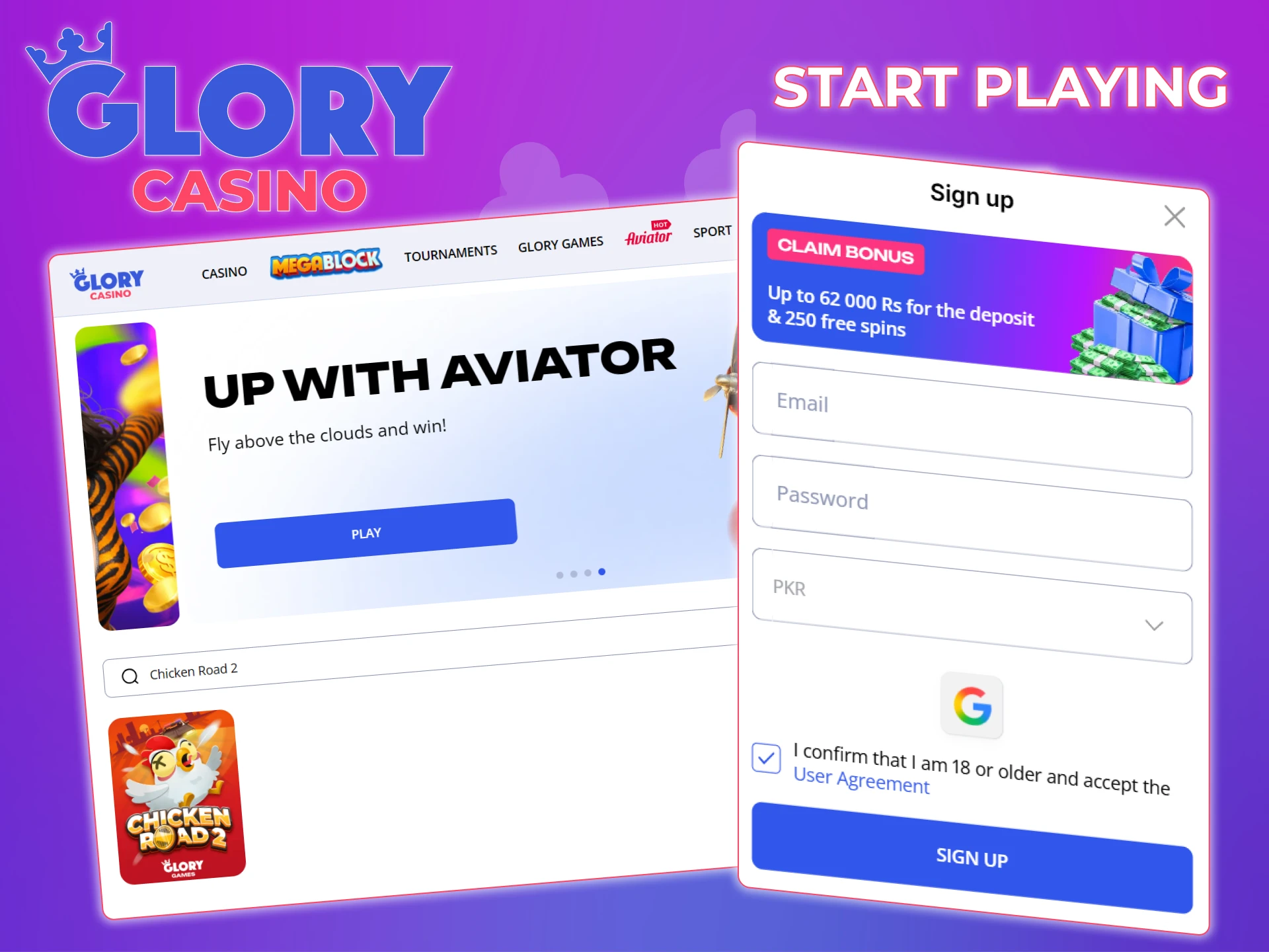 Register at Glory Casino and start playing Chicken Road 2.