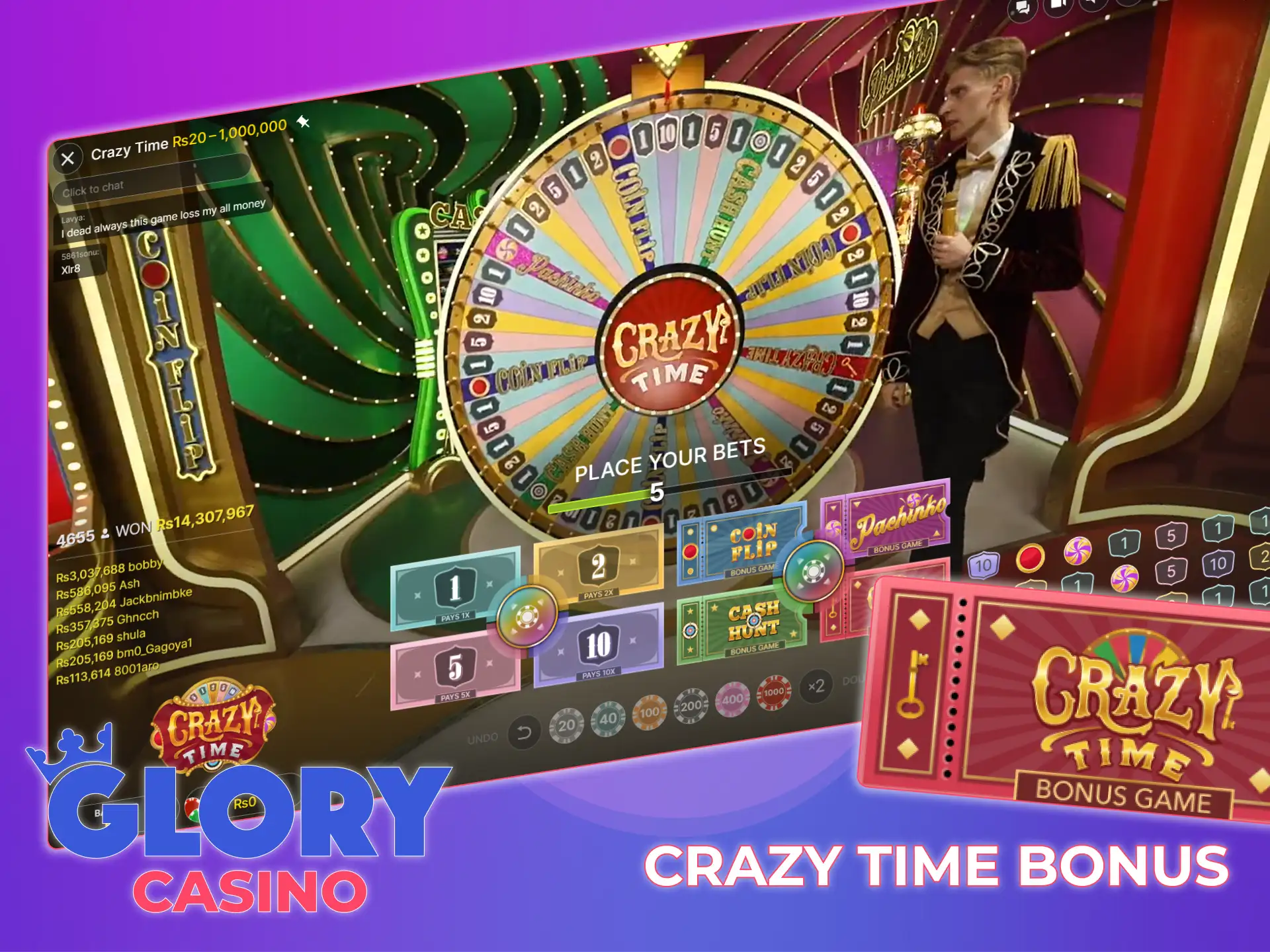 Enjoy the Crazy Time bonus game on the Glory Casino platform.