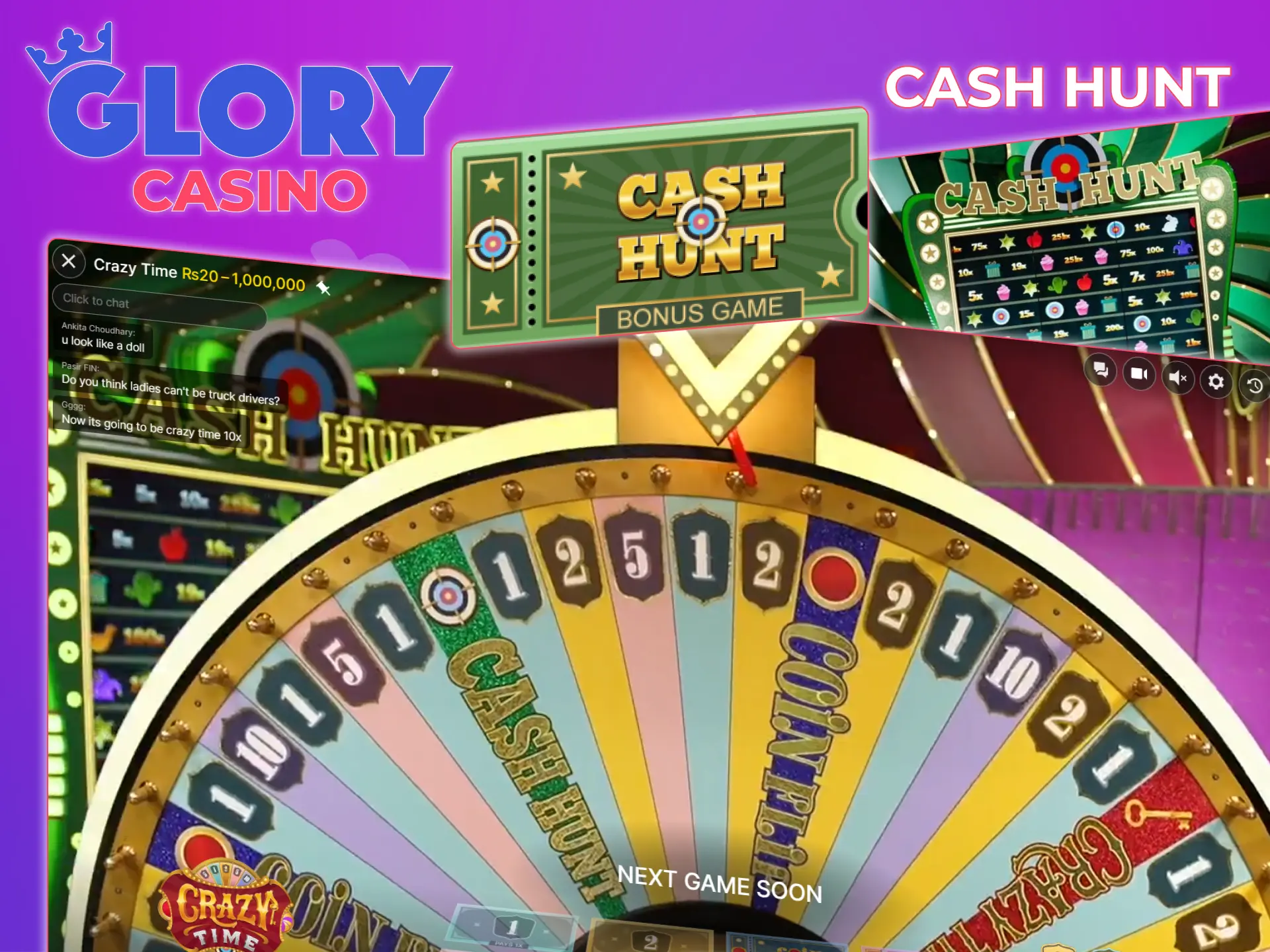 In Crazy Time, you can play the Cash Hunt bonus game, just try it at Glory Casino.