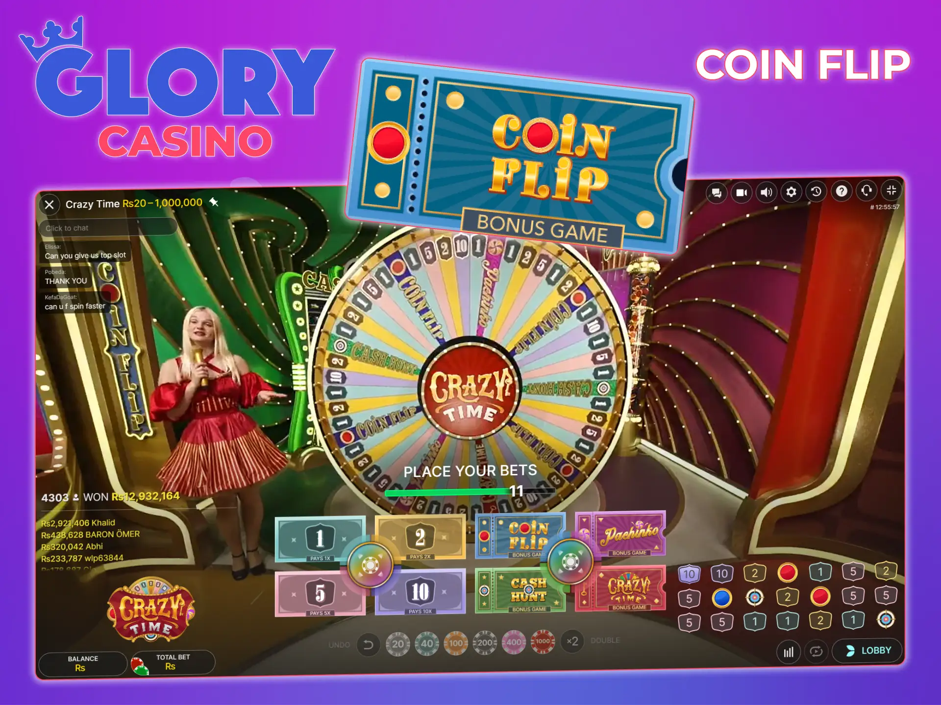 Enjoy the Coin Flip bonus game in the Crazy Time game at Glory Casino.