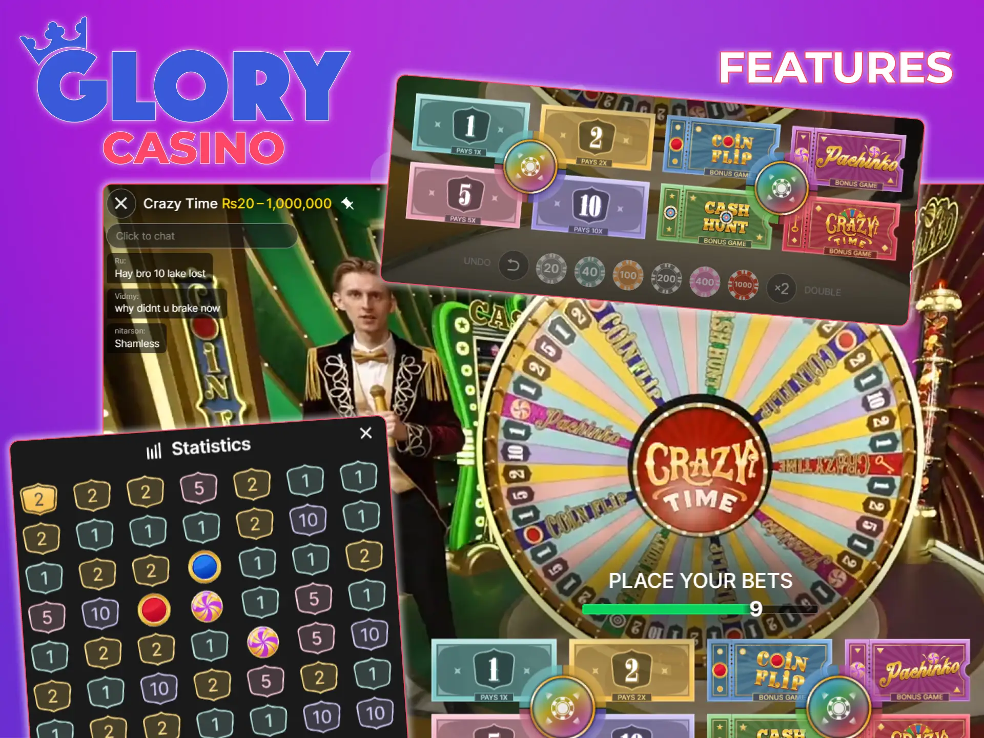 Explore all the features of Crazy Time at Glory Casino.