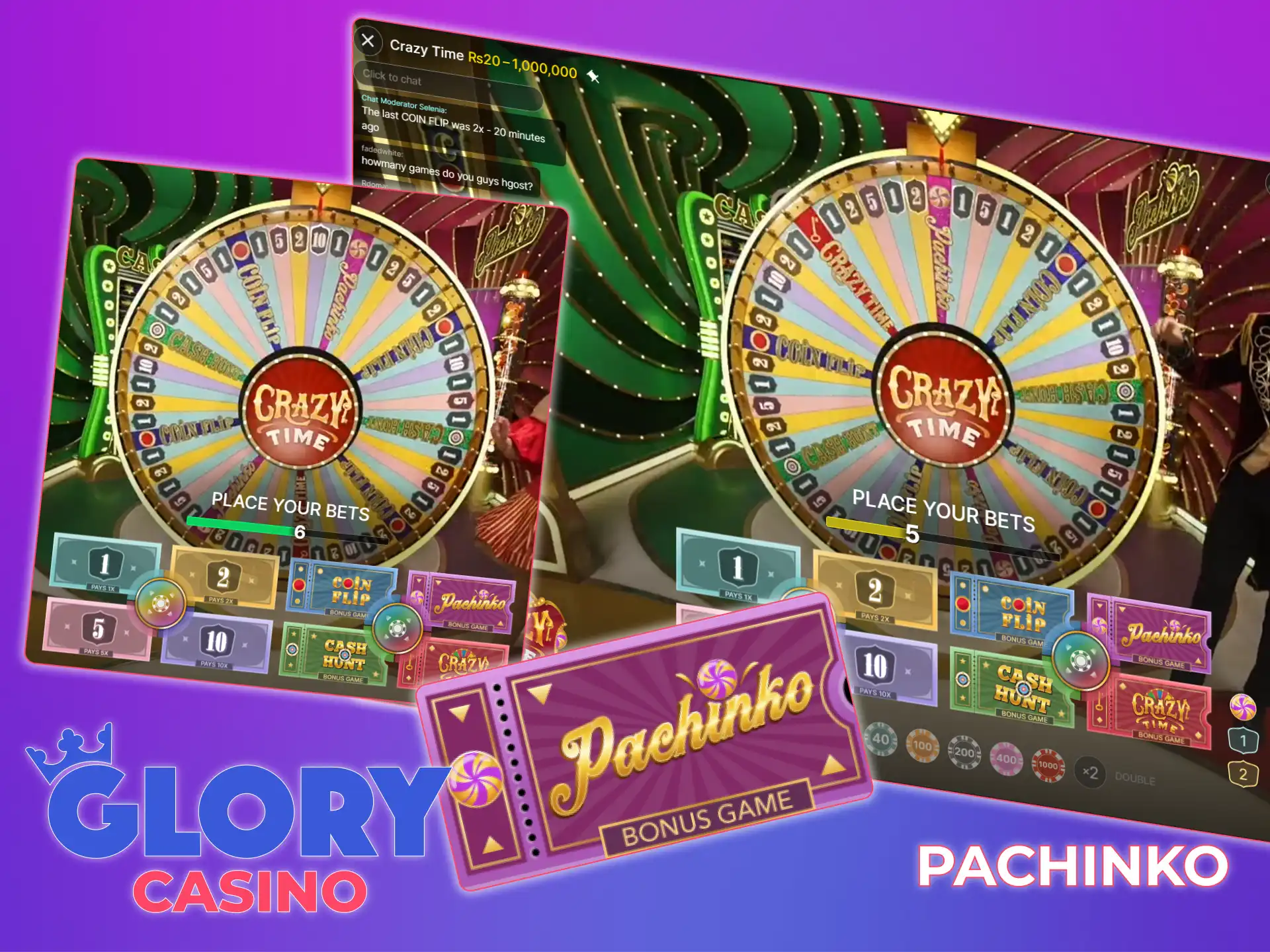 Play the Pachinko bonus game in Crazy Time at Glory Casino.