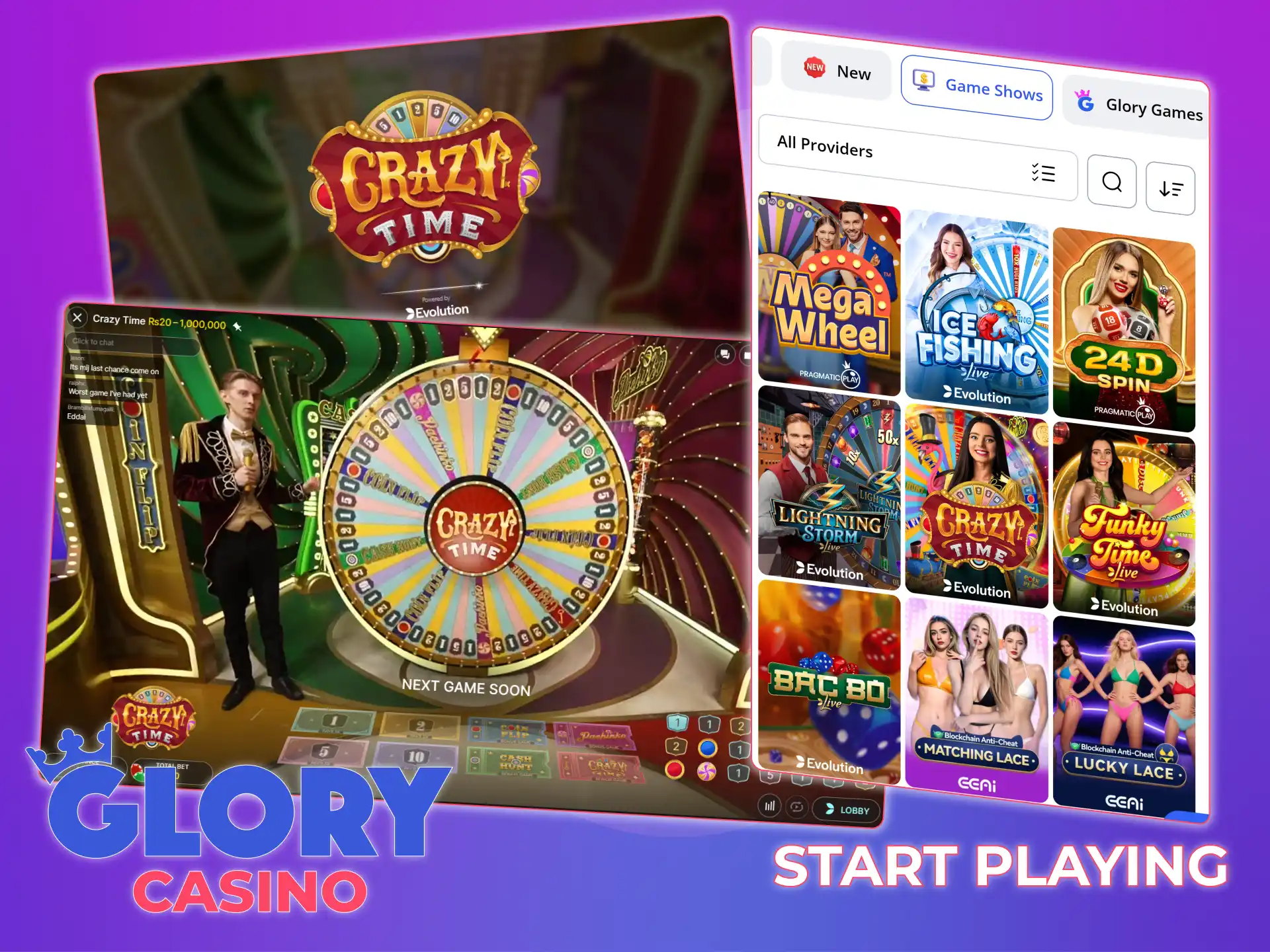 Find the Crazy Time game on the Glory Casino website and play.
