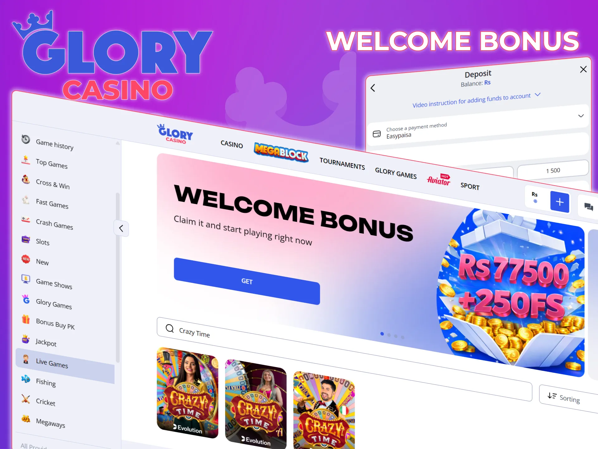 Get a welcome bonus from Glory Casino and use it in the Crazy Time game.